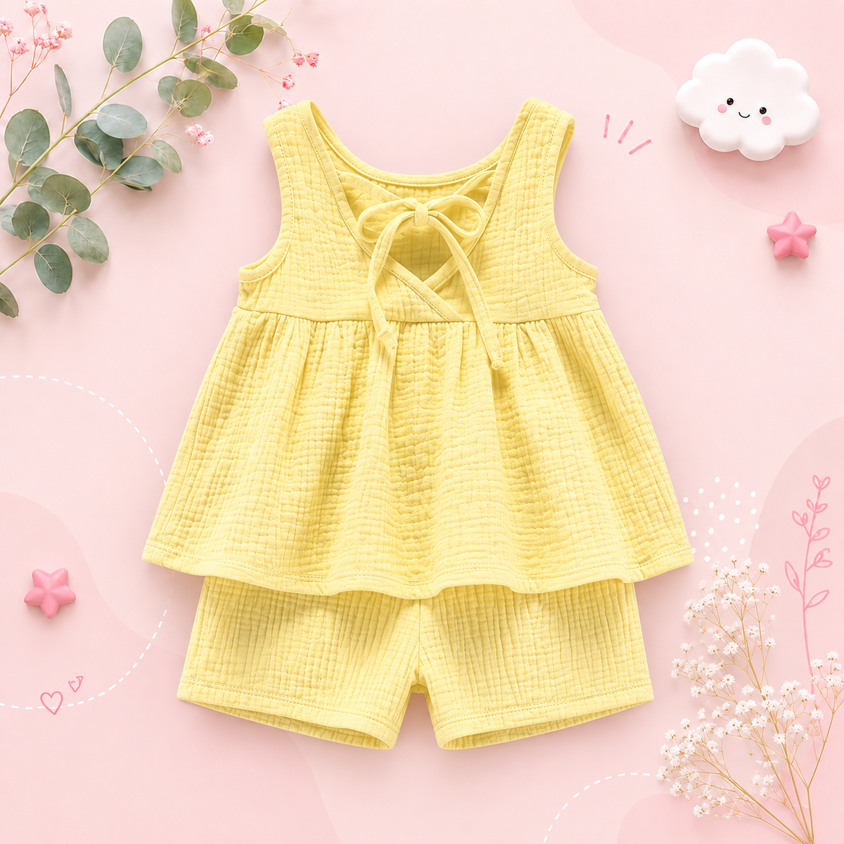 The Elianna - Baby Girl Yellow Muslin Cotton Sleeveless Vest Dress Shorts