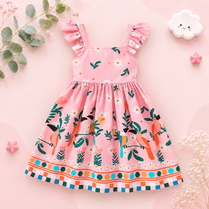 The Faith - Baby Girl Pink Small Fly Sleeve Plants and Animal Print Dress