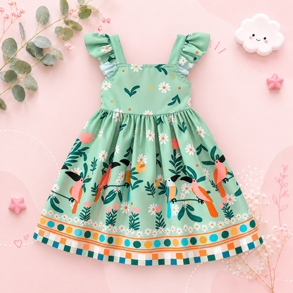 The Faith - Baby Girl Green Small Fly Sleeve Plants and Animal Print Dress