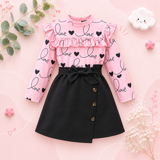 The Juliana - Baby Girl Pink Love Long Sleeve & Half Skirt Two Piece Set
