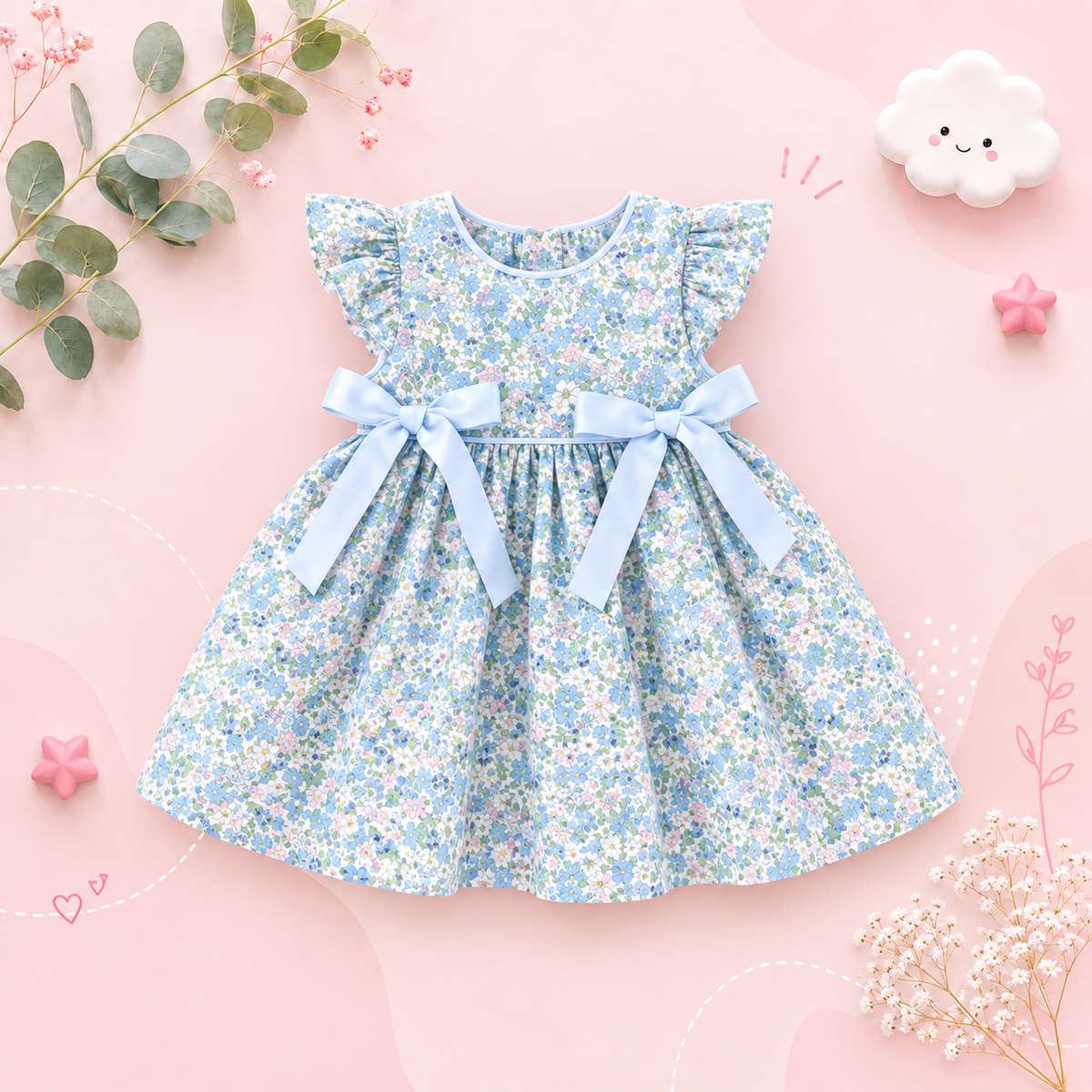 The Noa - Baby Girl Blue Floral Baby Sweet Bow Dress
