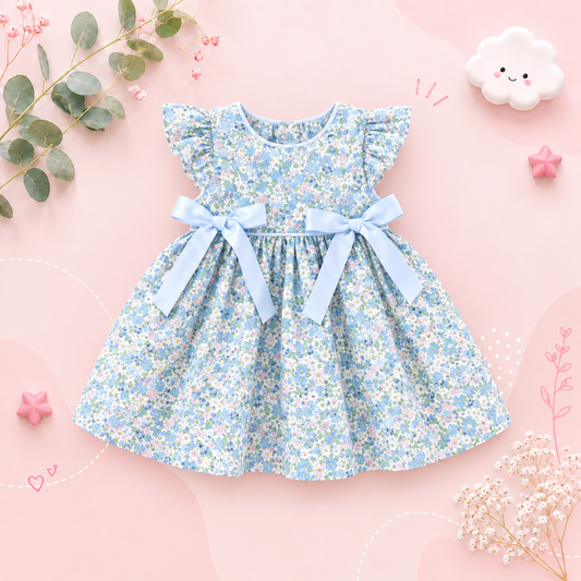 The Noa - Baby Girl Blue Floral Baby Sweet Bow Dress