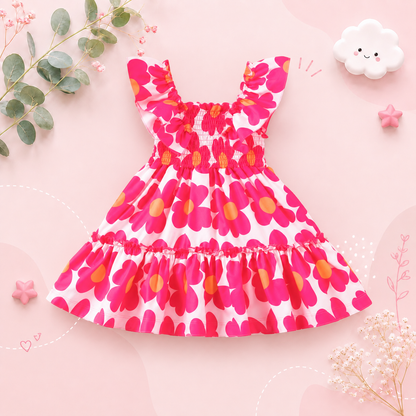 The Reagan - Baby Girl Dark Pink Floral Fly Sleeve Sleeveless Princess Dress