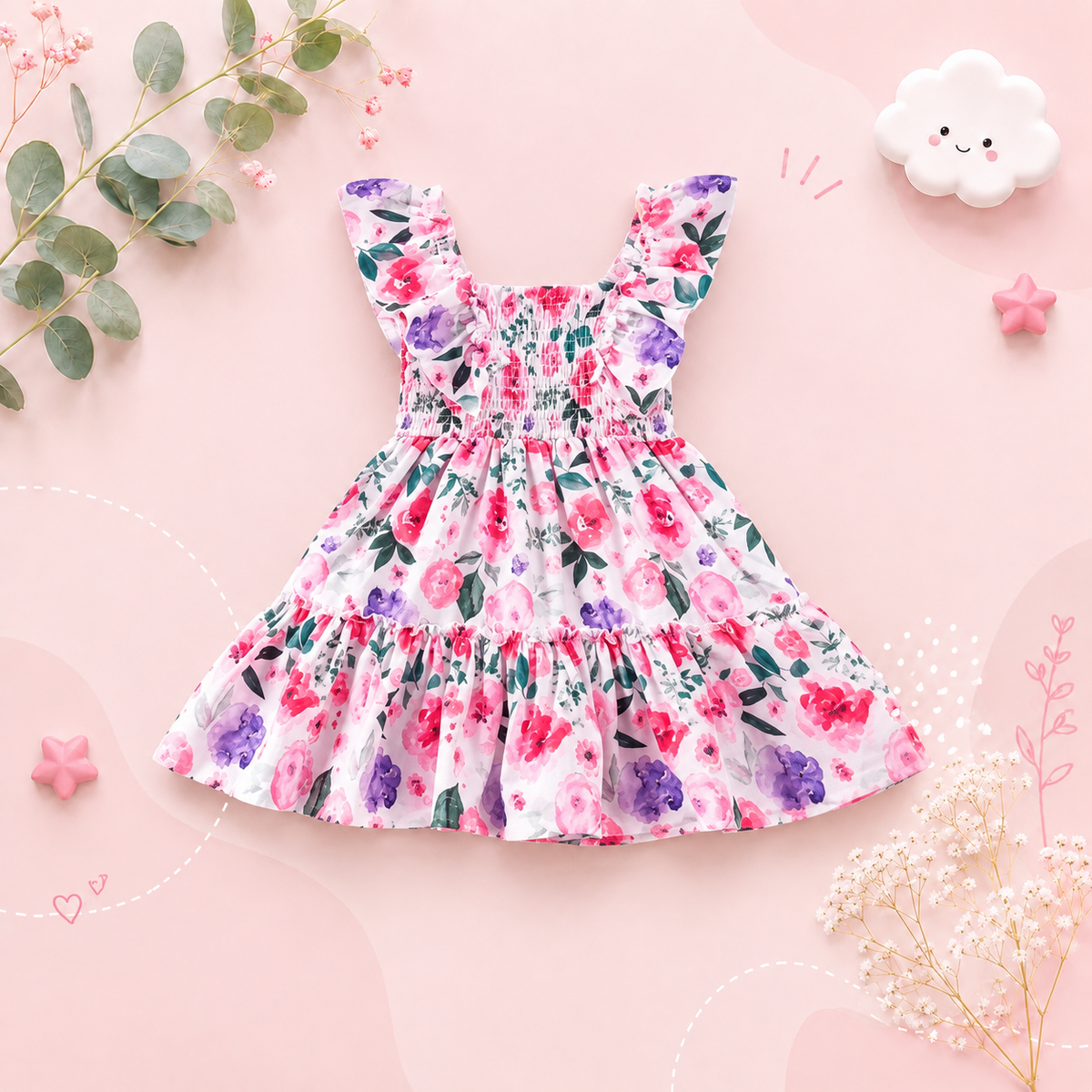 The Reagan - Baby Girl Pink Floral Fly Sleeve Sleeveless Princess Dress