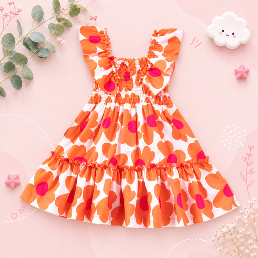 The Reagan - Baby Girl Orange Floral Fly Sleeve Sleeveless Princess Dress