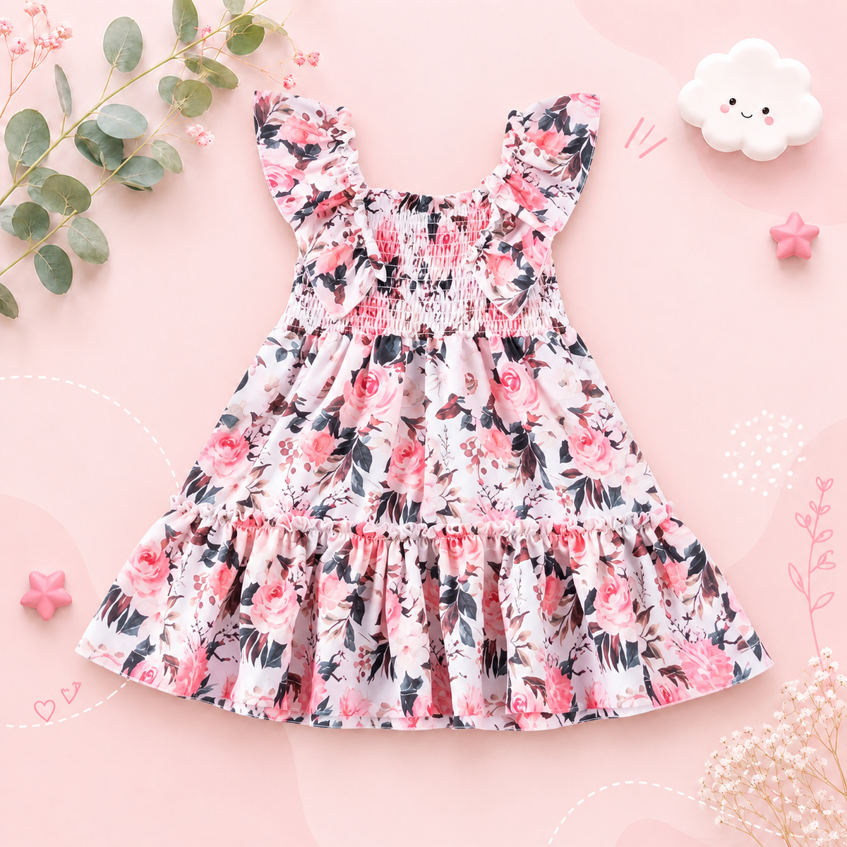 The Reagan - Baby Girl Light Pink Floral Fly Sleeve Sleeveless Princess Dress