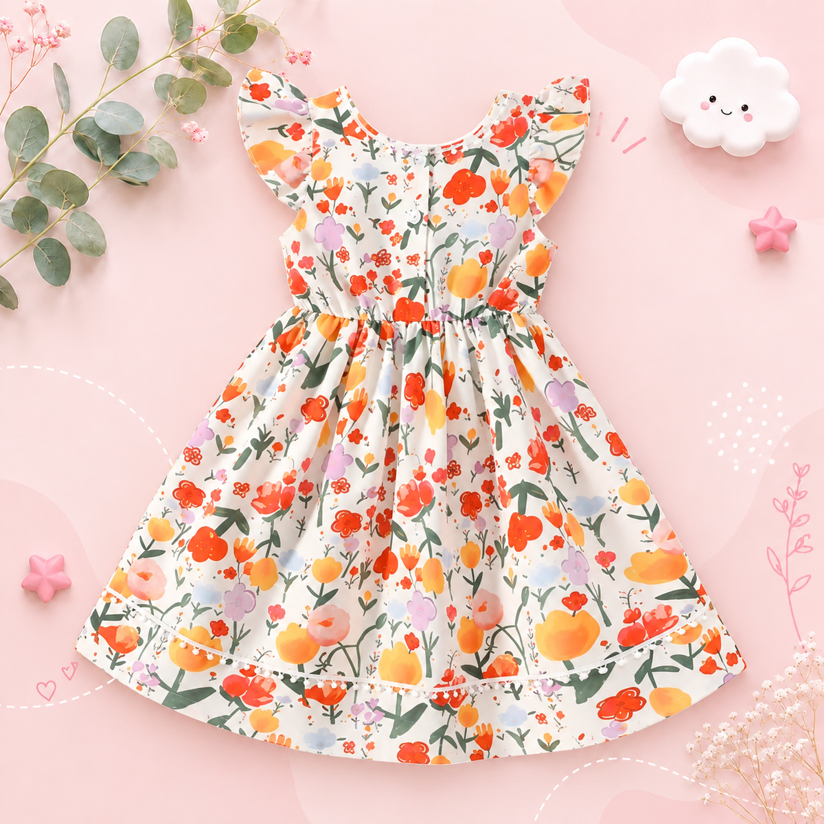 The Kimberly - Baby Girl Flower Print Small Flying Sleeve Holiday Style Dress