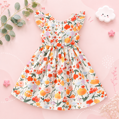 The Kimberly - Baby Girl Flower Print Small Flying Sleeve Holiday Style Dress