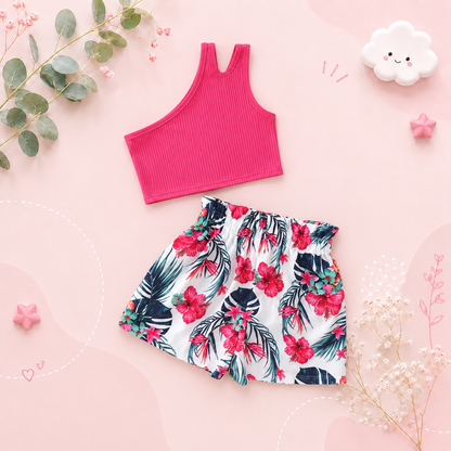 The Presley - Baby Girl Pink Tank Top Cross-Body Suspender Flower Print Shorts