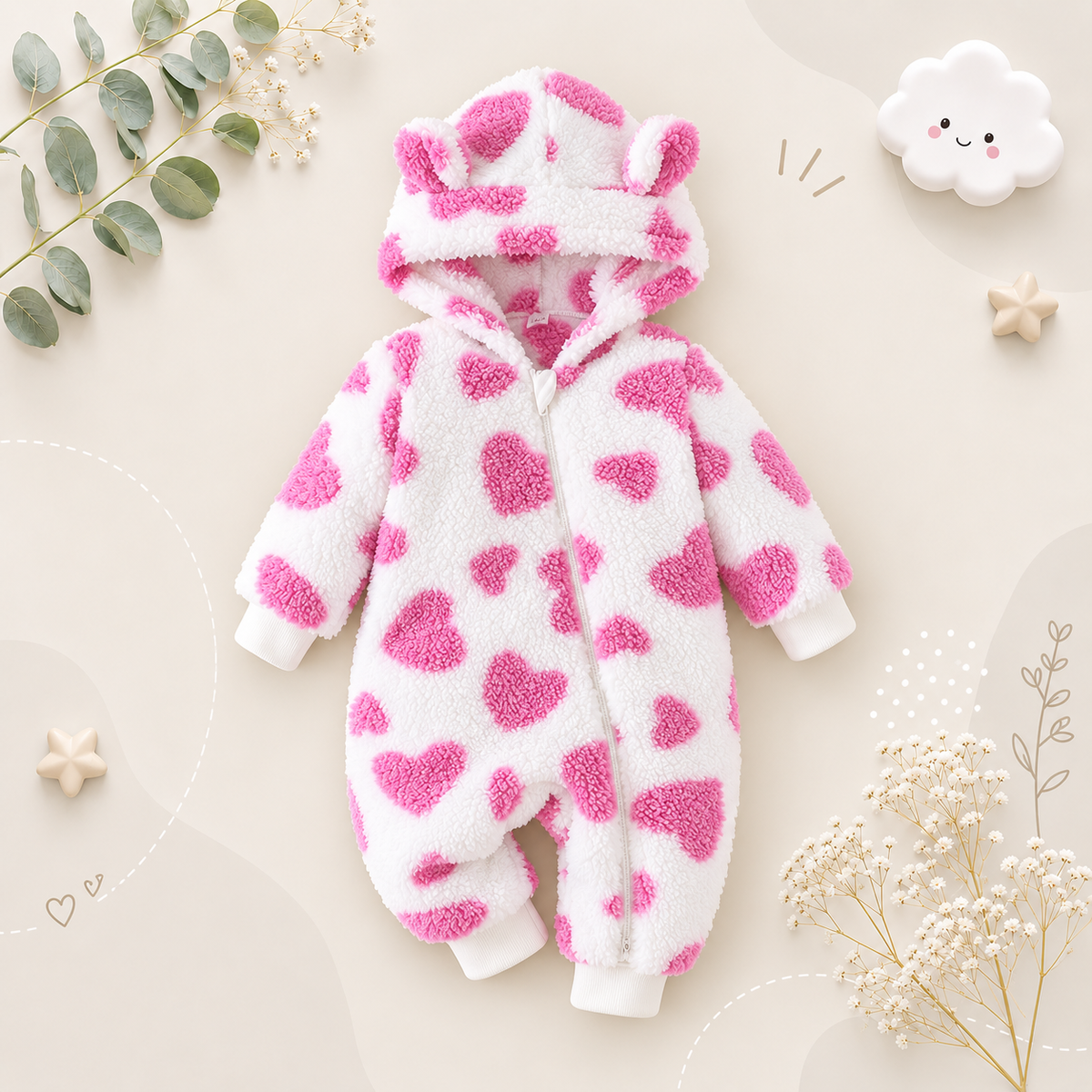 The Kohen - Baby Unisex Valentines Day Purple Heart Shape Design Zipper Hooded Jumpsuit