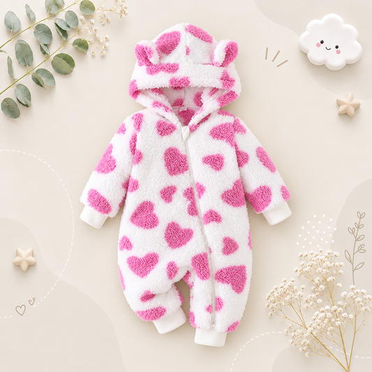 The Kohen - Baby Unisex Valentines Day Purple Heart Shape Design Zipper Hooded Jumpsuit