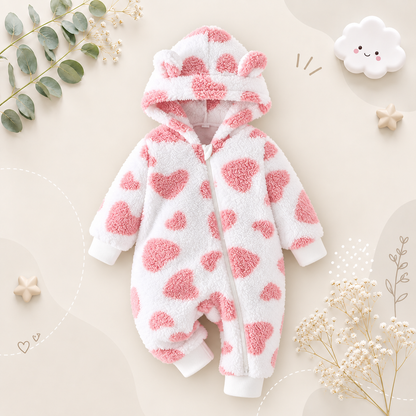 The Kohen - Baby Unisex Valentines Day Pink Heart Shape Design Zipper Hooded Jumpsuit