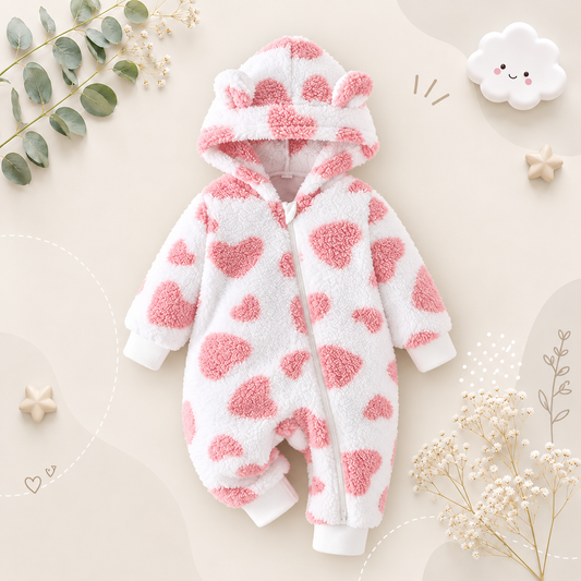 The Kohen - Baby Unisex Valentines Day Pink Heart Shape Design Zipper Hooded Jumpsuit