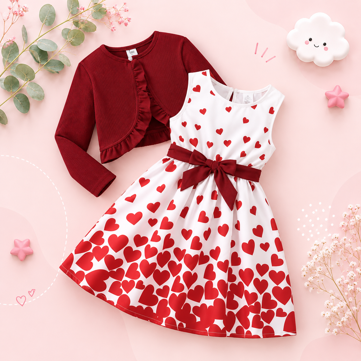 The Dahlia - Baby Girl Two-Piece Set Red Vest Heart-Shaped Floral Skirt