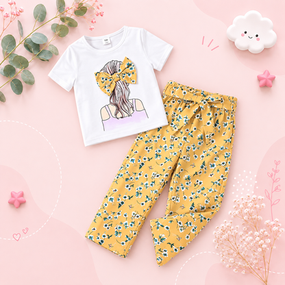 The Mariana - Baby Girl 2-Piece Set Cartoon Print T-Shirt & Floral Straight Leg Pants