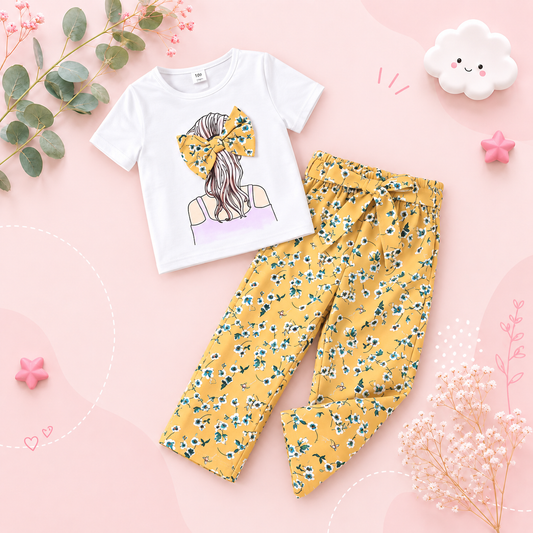 The Mariana - Baby Girl 2-Piece Set Cartoon Print T-Shirt & Floral Straight Leg Pants