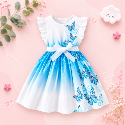 The Diana - Baby Girl Blue Round Neck Flutter Sleeve Ruffle Dress with Butterfly Digital Print