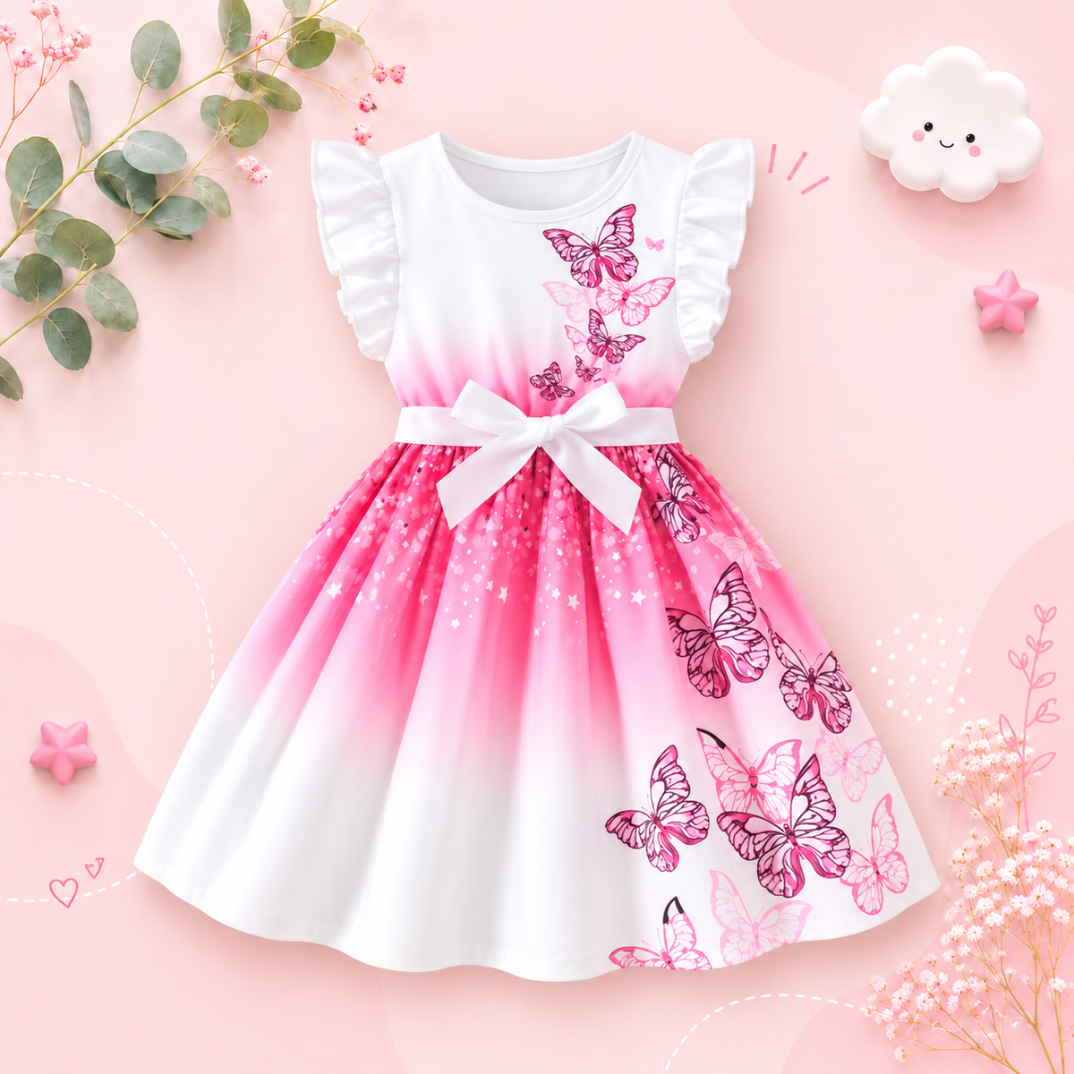 The Diana - Baby Girl Pink Round Neck Flutter Sleeve Ruffle Dress with Butterfly Digital Print