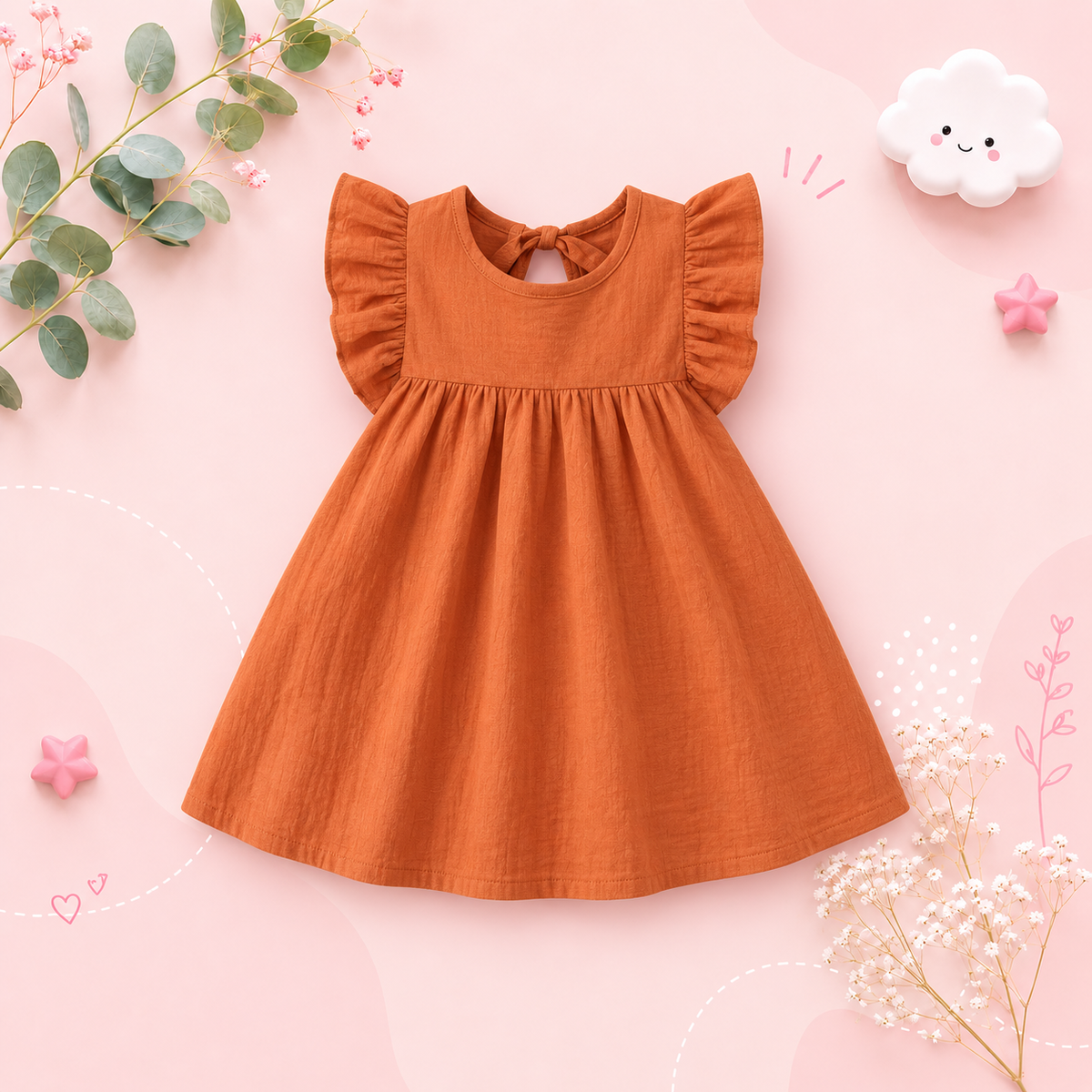 The Skylar - Baby Girl Pure Color Puffy Sleeves Back Collar Tie Princess Dress