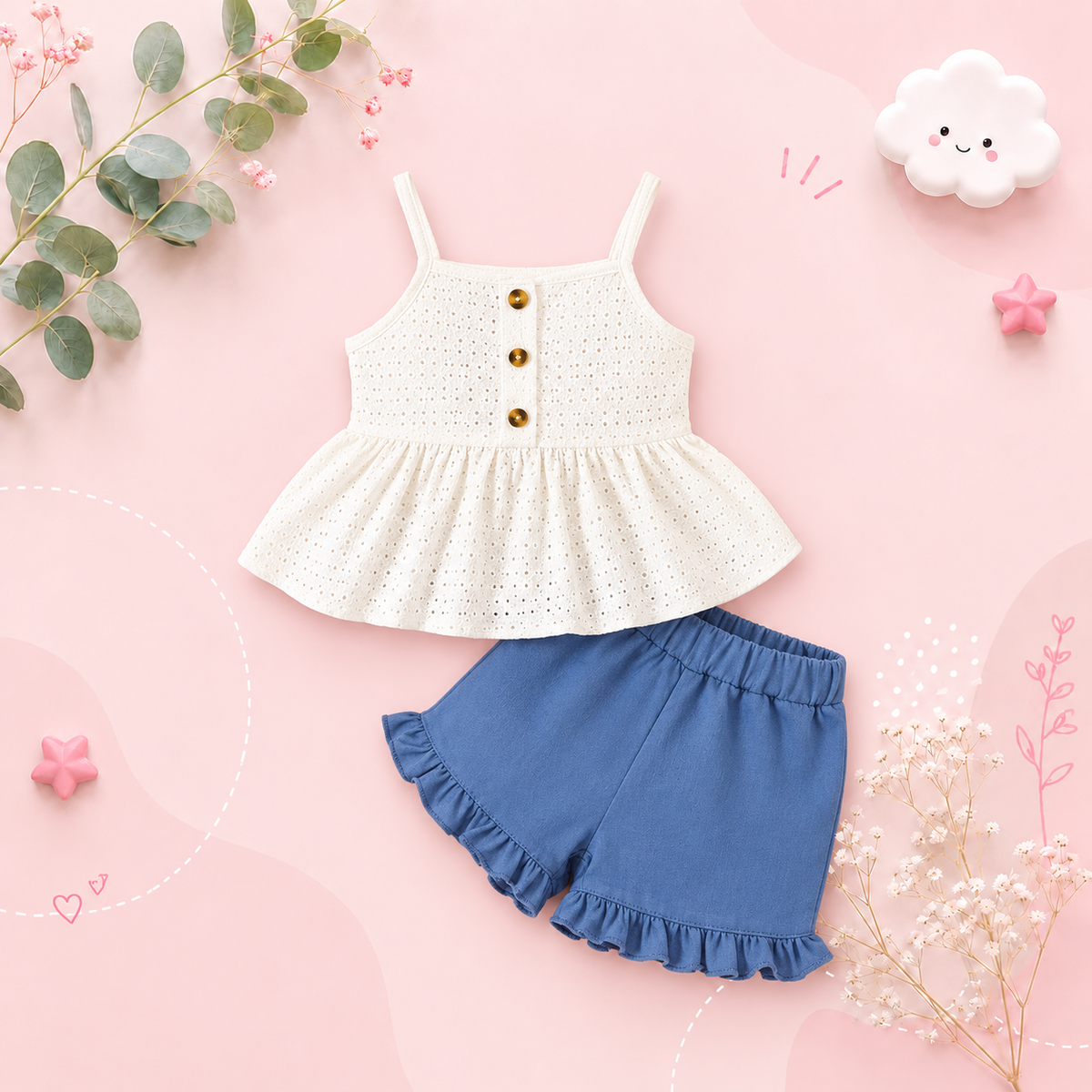 The Vivian - Baby Boy Sleeveless Suspender Soft Hollow Top + Shorts
