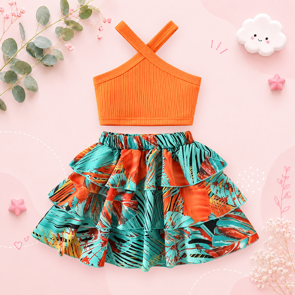 The Leah - Baby Girl Sleeveless Ribbed Crop Tops & Tropical Flowers Layered Hem Skirt Set