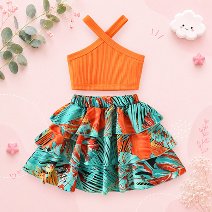 The Leah - Baby Girl Sleeveless Ribbed Crop Tops & Tropical Flowers Layered Hem Skirt Set