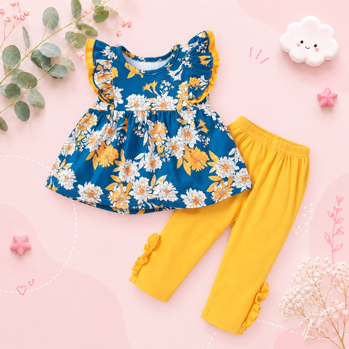 The Mila - Baby Girl Sleeveless Flower T-shirt + Solid Colored Leggings Pants
