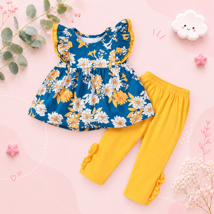 The Mila - Baby Girl Sleeveless Flower T-shirt + Solid Colored Leggings Pants