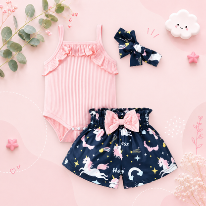 The Kehlani - Baby Girl Pink Tops Cotton Suspender Digital Printed Bow Shorts
