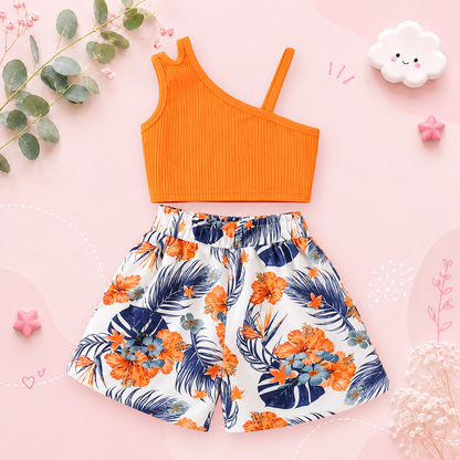 The Cecilia - Baby Girl Orange Asymmetrical Sling And Printed Short Pastoral Style Casual Dress