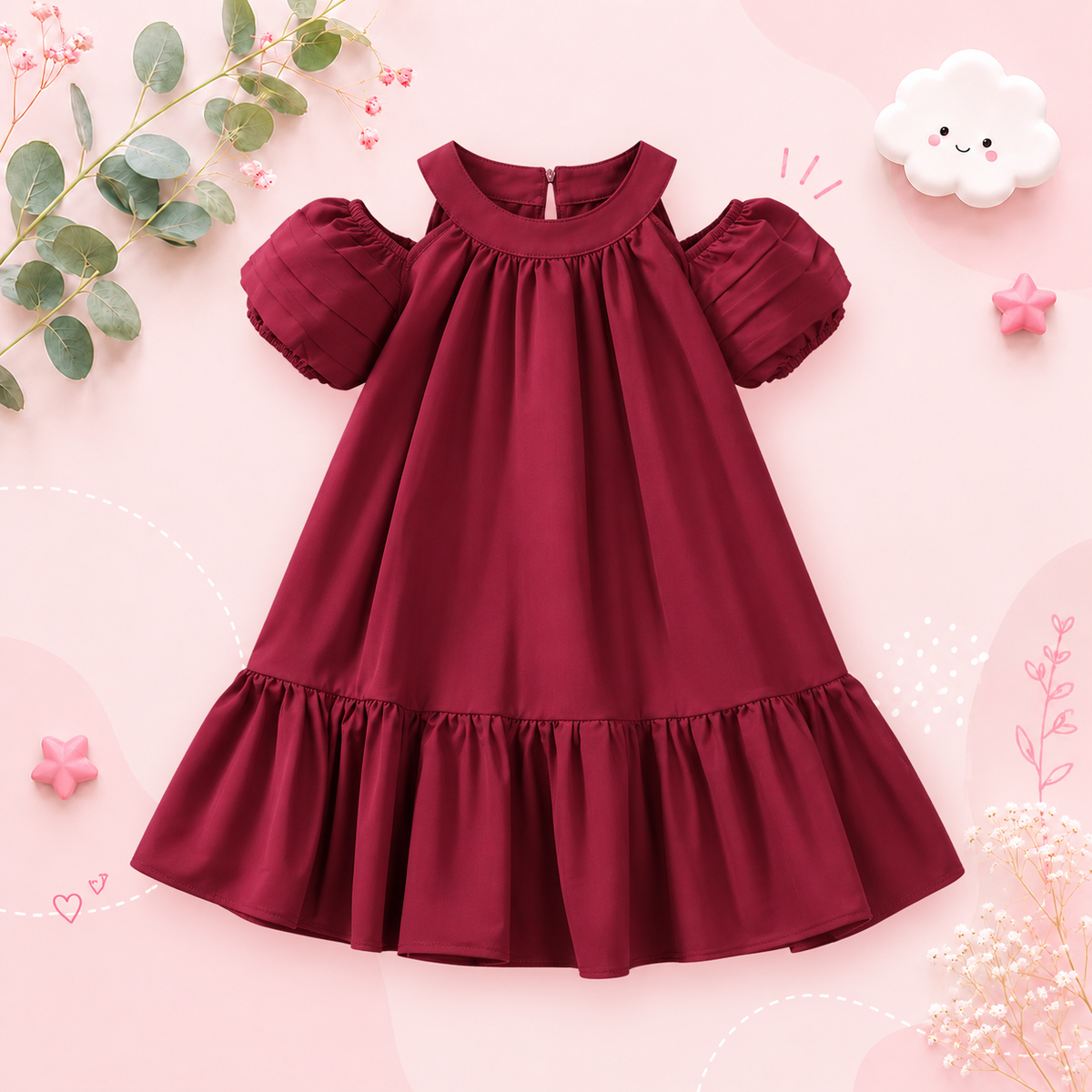 The Julia - Baby Girl Hanging Neck Off Shoulder Bubble Sleeve Dress