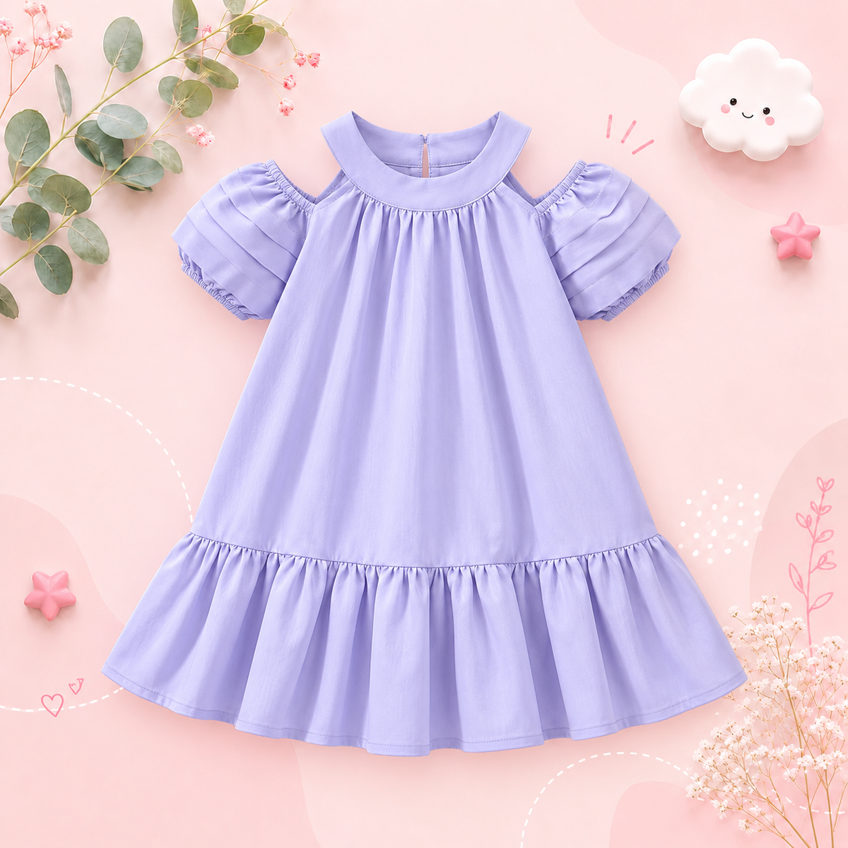 The Julia - Baby Girl Hanging Neck Off Shoulder Bubble Sleeve Dress