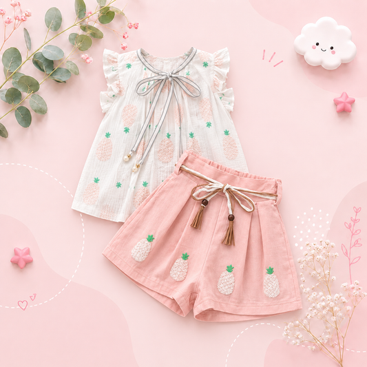 The Penelope - Baby Girl Pineapple Print Sleeveless Tops + Shorts