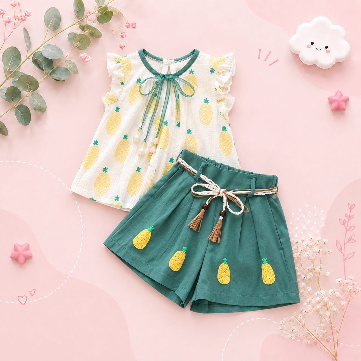 The Penelope - Baby Girl Pineapple Print Sleeveless Tops + Shorts