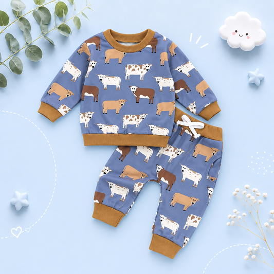 The Cody - Baby Boy Cow Print  Long Sleeve Sweatshirt + Long Pants
