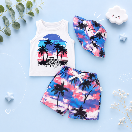 The Camden - Baby Boy Coconut Print Sleeveless Vest + Dyed Hat + Shorts