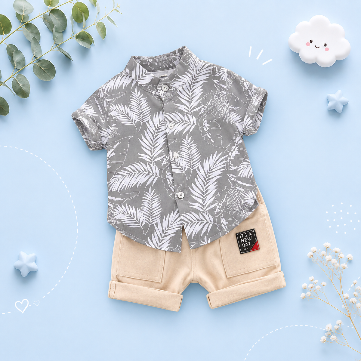 The Zane - Baby Boy Hawaiian Style Plant Print Tops + Shorts