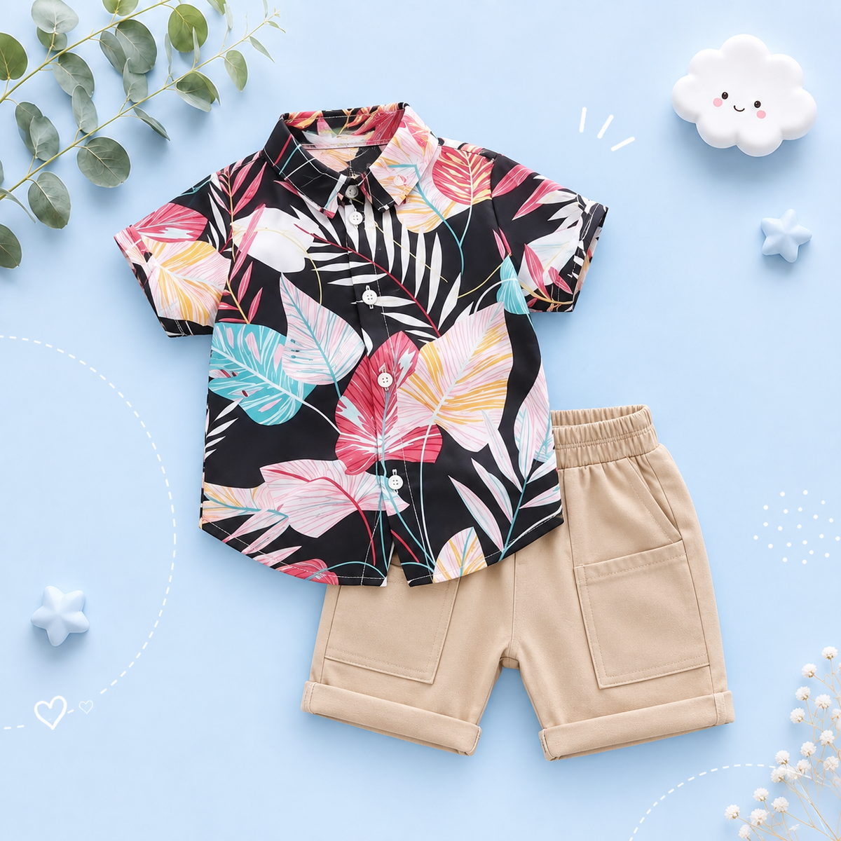 The Kevin - Baby Boy Plants Print Tops + Shorts