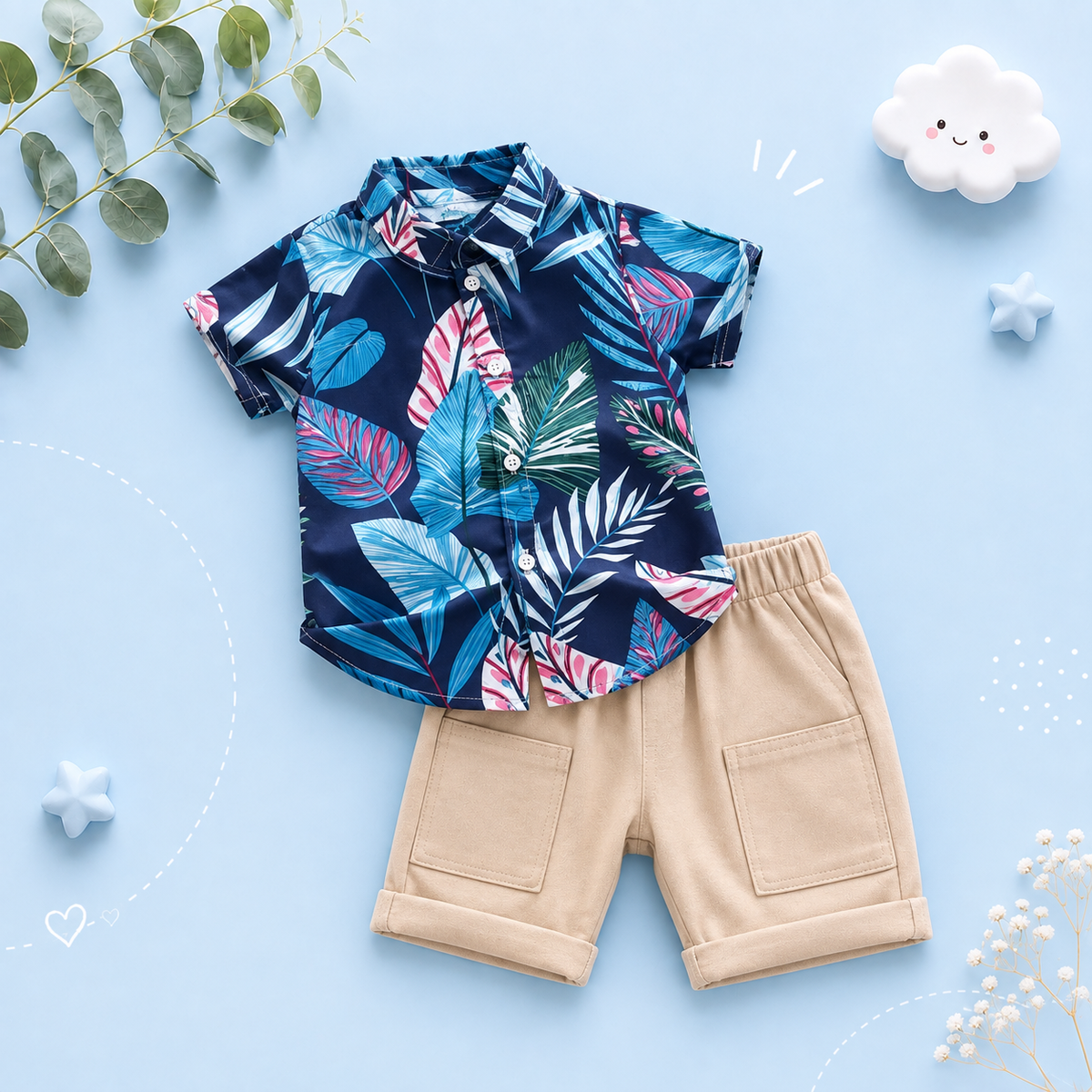 The Kevin - Baby Boy Plants Print Tops + Shorts