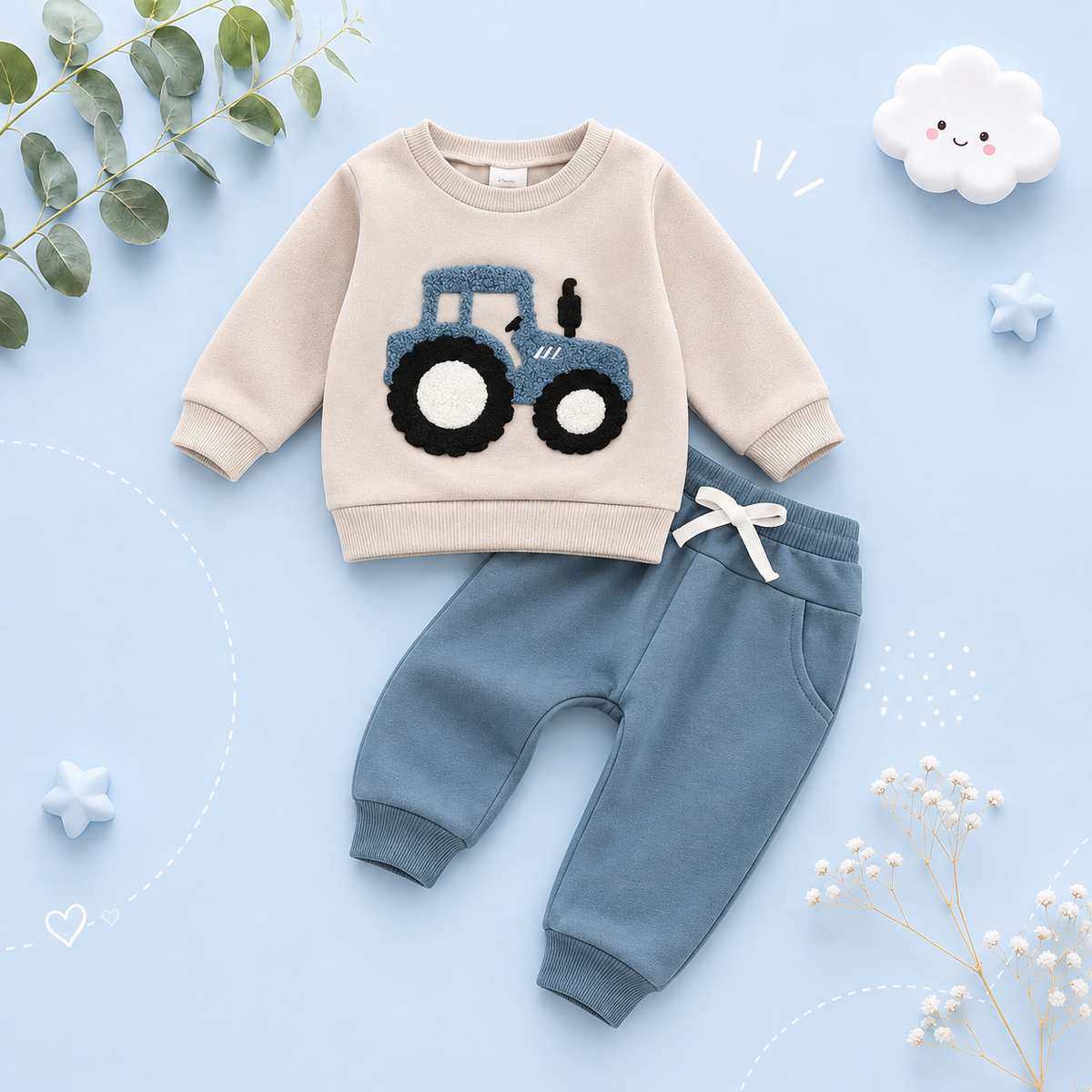 The Mark - Baby Boy Tractor Embroidery Long Sleeve Sweatshirt and Pants Set