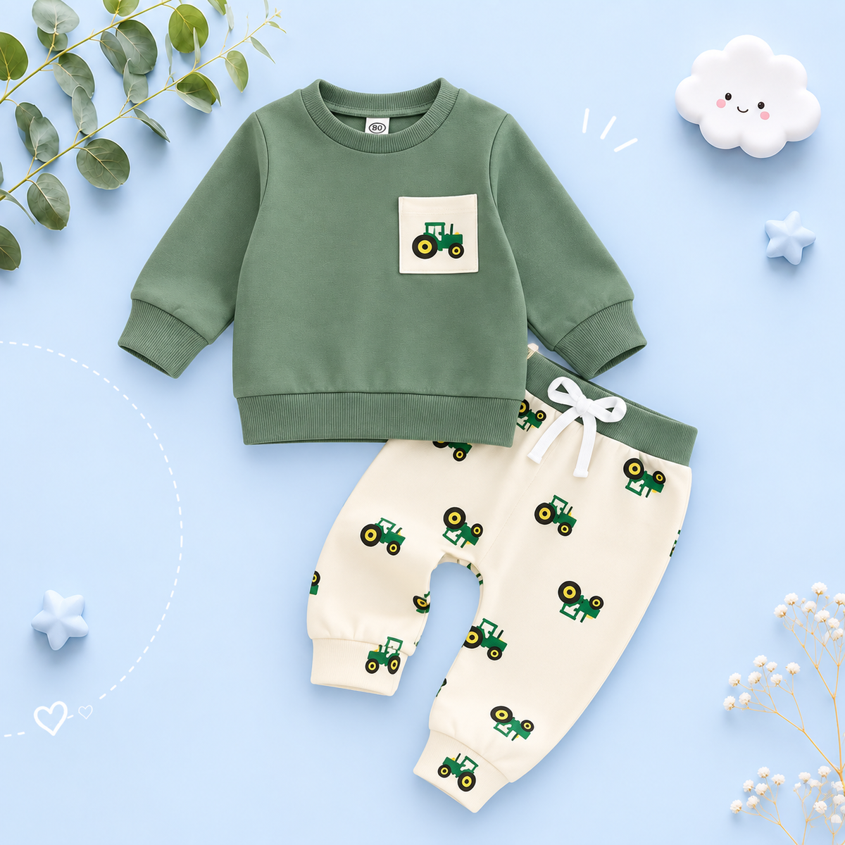 The Paul - Baby Boy Green Spring Outfit Tractor Long Sleeve Sweatshirt + Long Pants