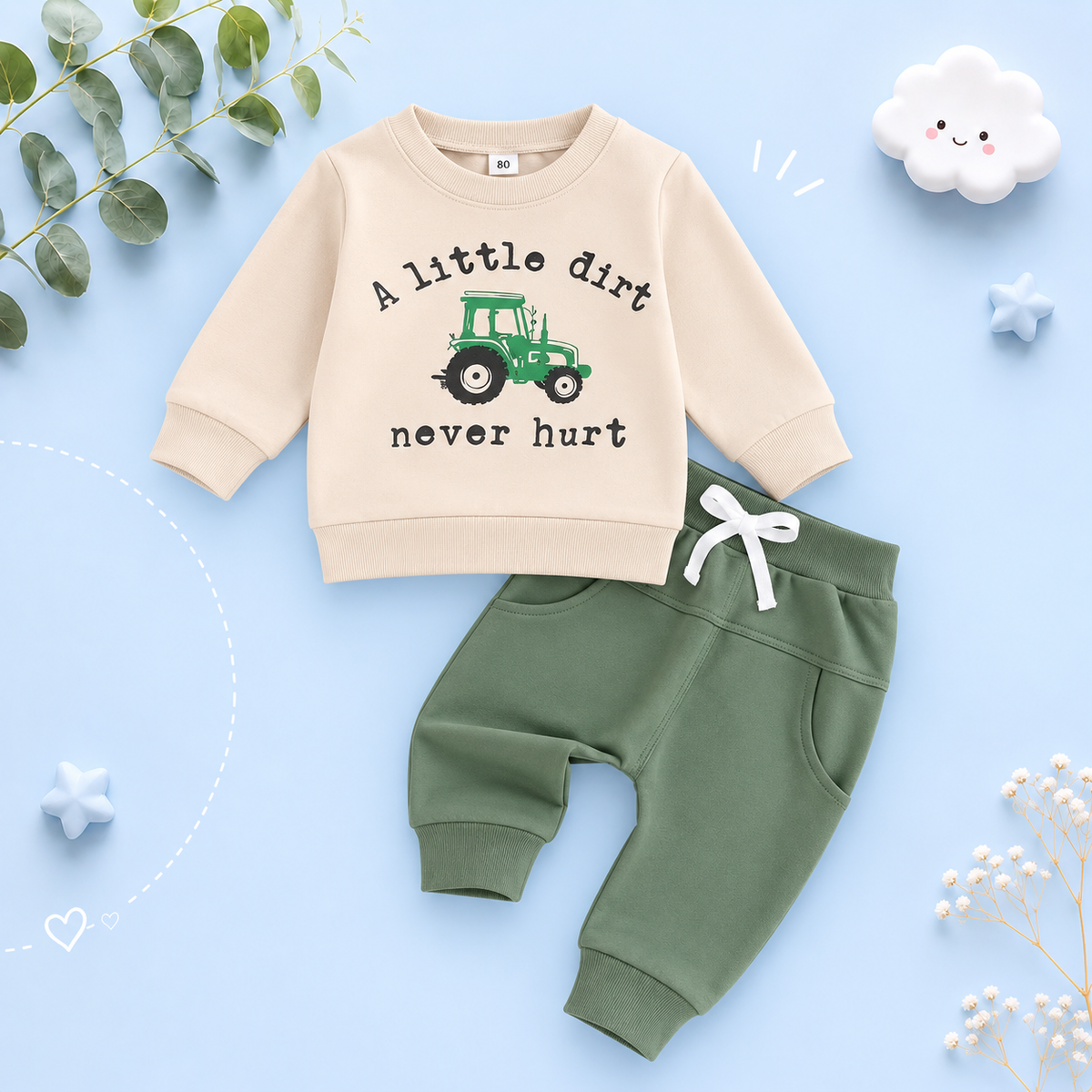 The Ares - Baby Boy "A Little Dirt Never Hurt" Print  Long Sleeve Round Neck Tops + Drawstring Pocket Long Pants