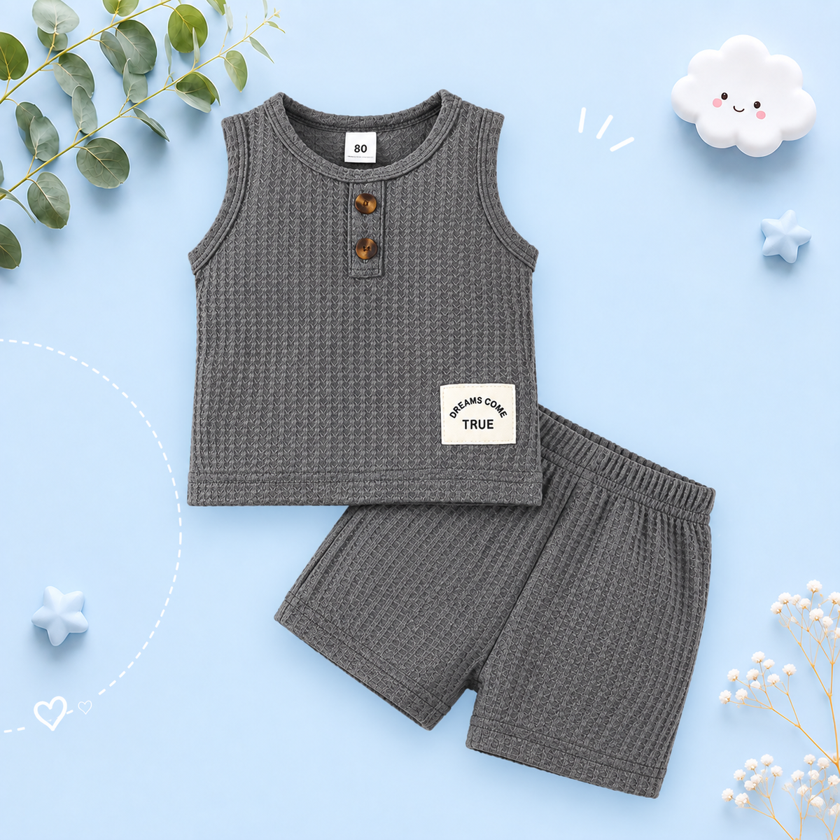 The Beckham - Baby Boy Gray Solid Color Clothes Set Sleeveless Top + Shorts
