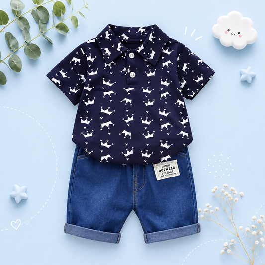 The Karter - Baby Boy Crown Print Short Sleeve Lapel Shirt + Denim Shorts