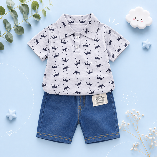 The Karter - Baby Boy Crown Print Short Sleeve Lapel Shirt + Denim Shorts