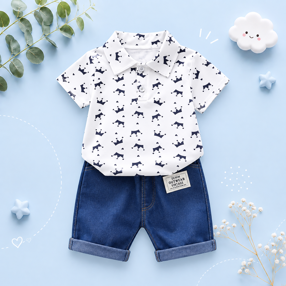 The Karter - Baby Boy Crown Print Short Sleeve Lapel Shirt + Denim Shorts
