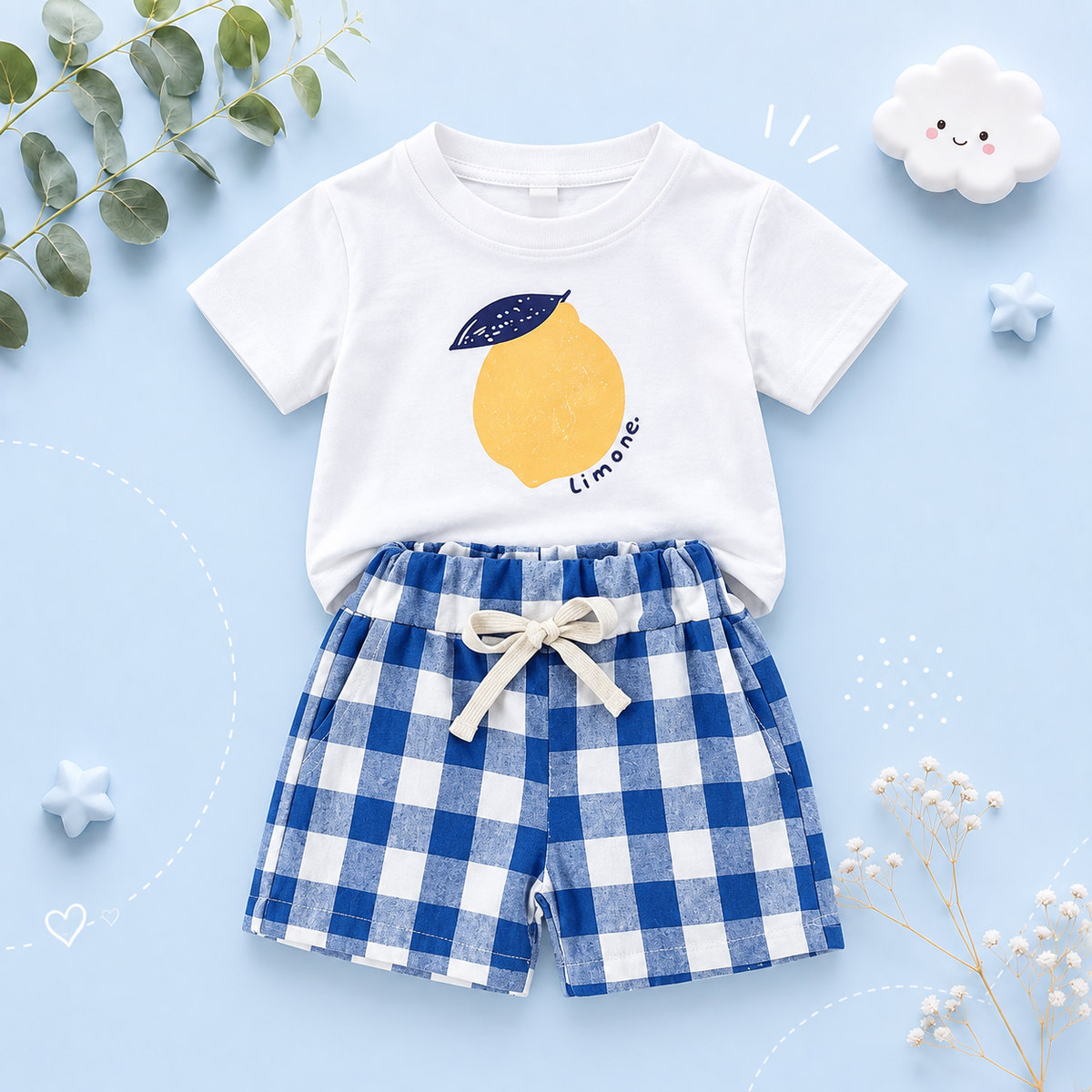 The Abraham - Baby Boy Lemon Print T-Shirt + Checkered Beach Shorts