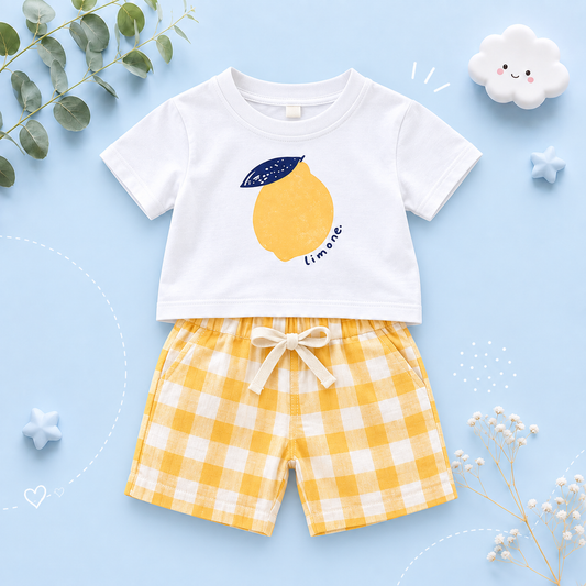 The Abraham - Baby Boy Lemon Print T-Shirt + Checkered Beach Shorts