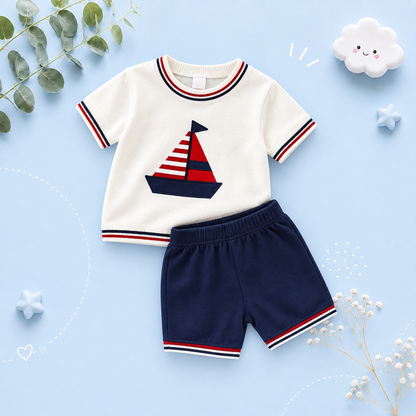 The Edward - Baby Boy Ship Turtle Neck Short Sleeve Knit T-Shirts + Shorts