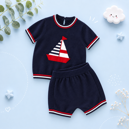 The Edward - Baby Boy Ship Turtle Neck Short Sleeve Knit T-Shirts + Shorts